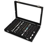 Frebeauty Plateau de rangement de bagues en velours avec couvercle transparent - 100 emplacements pour bijoux - Présentoir à bagues pour femme (noir)