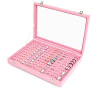Frebeauty Plateau de rangement de bagues en velours avec couvercle transparent - 100 emplacements pour bijoux - Présentoir à bagues pour femme (rose)