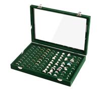 Frebeauty Plateau de rangement de bagues en velours avec couvercle transparent - 100 emplacements pour bijoux - Présentoir à bagues pour femme (vert noirâtre)