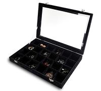 Frebeauty Plateau de rangement de bijoux avec couvercle transparent - 24 compartiments - En velours - Avec couvercle en verre transparent - Cadeau pour filles et femmes (noir, 24 compartiments)