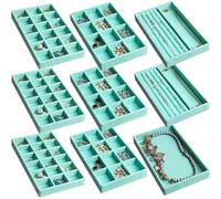 Frebeauty Plateau de rangement de bijoux empilable en velours, insert de tiroir de boucles d'oreilles pour femmes, présentoir de bijoux pour bagues, colliers et boucles, 21 x 12 x 2,5 cm (turquoise)