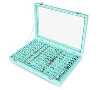 Frebeauty Plateau de rangement pour bagues à 100 emplacements avec couvercle transparent en velours pour bijouterie, présentoir de boucles d'oreilles, boîte à clous pour femme (turquoise)