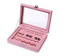 Frebeauty Plateau de rangement pour bagues/boucles d'oreilles avec couvercle transparent, 7 fentes en velours pour tiroir de rangement à bijoux, vitrine de rangement(rose, 7 emplacements)