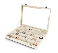Frebeauty Plateau de rangement pour boucles d'oreilles avec couvercle transparent, 64 emplacements pour tiroir en velours avec couvercle en verre transparent, vitrine, cadeau pour femme (beige