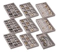 Frebeauty Plateau de réception de bijoux Plateau de bijoux en velours empilable, tiroir insert boucles d'oreilles récepteur dame bague clous collier boîte de réception de bijoux, lot de 9 (Gris)