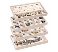 Frebeauty Plateau de réception de bijoux Plateau de bijoux en velours empilable, tiroir insert boucles d'oreilles récepteur dame bague clous collier boîte de réception de bijoux, lot de 4 (Beige)