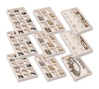 Frebeauty Plateau de réception de bijoux Plateau de bijoux en velours empilable, tiroir insert boucles d'oreilles récepteur dame bague clous collier boîte de réception de bijoux, lot de 9 (Beige)