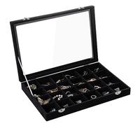 Frebeauty Velvet plateau de bijoux 24 compartiments boîte de rangement de bijoux avec couvercle boucles d'oreilles boîte de rangement tiroir insérer bague cadeau fille (Noir 24 compartiments)