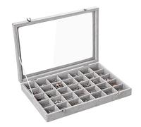 Frebeauty Velvet plateau de bijoux 35 compartiments boîte de rangement bijoux avec couvercle boucles d'oreilles boîte de rangement tiroir insert anneau cadeau pour les femmes (Beige 35 compartiments)