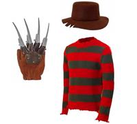 Freddy Krüger Ensemble de costume, pull à rayures, pour adulte, avec chapeau, gant, pull à rayures, motif de film d'horreur effrayant, pour Halloween, cosplay, taille XL