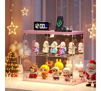 FREDEES Vitrine en verre debout avec éclairage LED - Petite vitrine à deux étages avec station de charge - Vitrine avec éclairage à capteur humain - Pour figurines, objets de collection, jouets - Rose