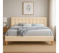 frederic - Solide et Confortable Lit avec Sommier + Tête de Lit Capitonnee Couleur Beige + Pieds en 10 cm pour matelas en 140x200 - 13 Lattes - revetement PVC Simili facile d'entretien - Montage