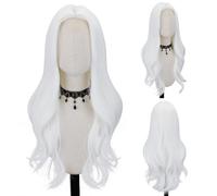 FREE BEAUTY Perruque longue ondulée blanche pour femme, raie au milieu, bou ondulée, aspect naturel, fibre résistante à la chaleur, pour un usage quotidien, 66 cm