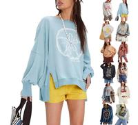 Free People Sweatshirt pour femme grande taille vintage imprimé floral vêtements inspirés des gens libres automne pull à ourlet fendu mode hauts à manches longues sweatshirts drôles, bleu, 4XL