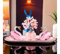 Free Swan Ornament & Natural Crystal Fortune Tree + Delicate Tray-Applicable to car Ornament, Valentine's Day Gift, Home Decoration+Enhance Love and Wealth Energy (Green)(Pink)