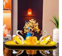 Free Swan Ornament & Natural Crystal Fortune Tree + Delicate Tray-Applicable to car Ornament, Valentine's Day Gift, Home Decoration+Enhance Love and Wealth Energy (Green)(Yellow)