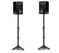FREEAMG Lot de 2 Supports de Haut-Parleurs Réglable en Hauteur 76 à 104 CM, Support d'Enceinte en Métal avec Base Triangulaire, Pieds d'Enceintes Universel Sonos, Sanyun, Samsung, Jusqu'à 5KG