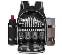 FREEAMG Sac à Dos de Pique-Nique pour 4 Personnes avec Compartiment Réfrigérants Isolés et Étanches, 30 Pièces Sac de Pique-Nique avec Ensemble et Couverture, pour Plage, Camping, Randonnée (Noir)