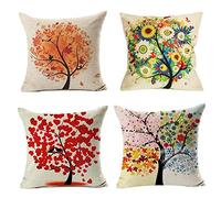 Freeas Housse De Coussin, Lot de 4 Arbre Quatre Saisons en Coton et Lin Couvre-lit Taie d'oreiller Coque carré Maison Housse de Canapé 45 x 45 cm
