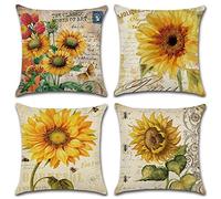 Freeas Housse De Coussin, Lot de 4 Tournesol en Coton et Lin Couvre-lit Taie d'oreiller Coque carré Maison Housse de Canapé 45 x 45 cm (Set-F)