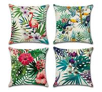 Freeas Housse De Coussin, Lot de 4 Tropical Plantes en Coton et Lin Couvre-lit Taie d'oreiller Coque carré Maison Housse de Canapé 45 x 45 cm
