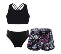 Freebily 3 Pièces Maillots de Bain Filles Tankini Bikini Vetement de Natation Plage Anti UV Ensemble Haut + Slip + Short de Bain Swimwear 3-16 Ans Z Noir Lettres 11-12 Ans
