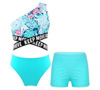 Freebily 3 Pièces Maillots de Bain Filles Tankini Bikini Vetement de Natation Plage Anti UV Ensemble Haut + Slip + Short de Bain Swimwear 3-16 Ans Z Lettres Bleu 9-10 Ans