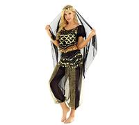 Freebily Adulte Femme Costume de Danse du Ventre Vêtement Danse Orientale Indienne Danseuse Haut Pantalon Tenus Latine Rumba Samba Carnaval Fête Dancewear Noir Taille Unique