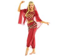 Freebily Adulte Femme Costume de Danse du Ventre Vêtement Danse Orientale Indienne Danseuse Haut Pantalon Tenus Latine Rumba Samba Carnaval Fête Dancewear Rouge Taille Unique