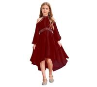 Freebily Asymétrique Robe De Mariage Soirée Princesse Fille Enfant Robe Licou de Cocktail Concours De Beauté Ecole Volants Strass Diamants Bordeaux 3-4 Ans