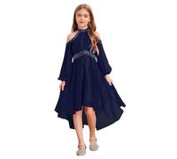Freebily Asymétrique Robe De Mariage Soirée Princesse Fille Enfant Robe Licou de Cocktail Nouvelle Année Concours De Beauté Ecole Volants Strass Diamants Bleu Marine 9-10 Ans