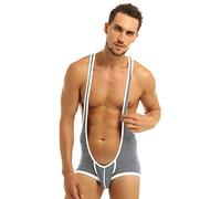 Freebily Body String Homme Suspender Singlet Combinaison Ouvert Y Dos Bodysuit Jumpsuit Bikini Fitness Plage Lingerie Slip sans Manches M-XL Gris M