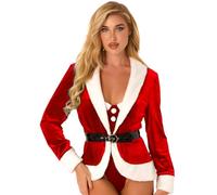 Freebily Boléro Noël Mère Femme Manteau Automne Hiver en Velours Col V Blazer avec Ceinture Jacket Coat Tops Mrs Santa Claus Christmas Cosplay Rouge L