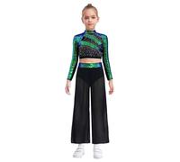 Freebily Costume Danse Latin Jazz Enfant Fille Ensemble Pantalon Évasé et Haut Danse Lyrique Compétition Spectacle Tenue Patinage Artistique Paillettes Vert 11-12 ans