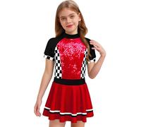 Freebily Costume de Pilote Fille Robe à Paillettes Fête de Soirée Anniversaire Spectacle Scolaire Enfant Robe Pompom Girl Zippé Invisible Rouge 7-8 ans
