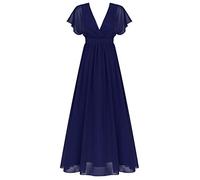 Freebily Dame Femme Robe de Demoiselle d'honneur Mariage Longue Robe Moulante Soirée Cocktail Mousseline Taille Haute Vintage Robe Sexy Col V Classique 34-48 Bleu Marine 34