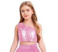 Freebily Enfant Débardeur à Paillettes Une épaule Fille Haut Danse Latin Jazz Moderne Spectacle Crop Tops Sport Yoga Fitness Gym Club Rose 13-14 Ans