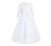 Freebily Enfant Fille Robe de Soirée Cérémonie Baptême Dentelle Robe de Princesse Fête avec Ceinture Fleur Tulle Robes Manches Longues Blanc 8 Ans