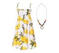 Freebily Enfant Filles Robe Casual Été Plage Imprimé Fleur avec Bracelet Robe d'été Bohême Vacances Partie Broderie Pourpre sans Manches Citron 8-10 Ans