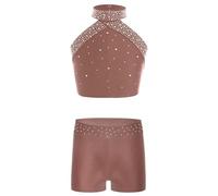 Freebily Enfant Justaucorps Gymanstique Rythmique 2 Pieces Tenue Patinage Artistique StrassPour Fille Ensemble Short Avec Haute Danse Latin Jazz Fitness Yoga Marron 11-12 ans