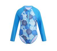 Freebily Enfants Filles Maillots de Bain Manches Longues Imprimé Palm Zipper Combinaison de Natation Maillot Anti-UV 3-16 Ans Bleu Fleurs 9-10 Ans