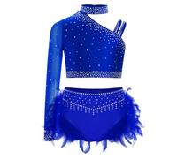 Freebily Ensembles Tenue Danse Latin Jazz Enfant Fille Costume Patinage Artistique Strass Plumes Justaucorps Gymnastique Performance Bleu 9-10 ans