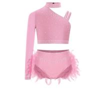 Freebily Ensembles Tenue Danse Latin Jazz Enfant Fille Costume Patinage Artistique Strass Plumes Justaucorps Gymnastique Performance Rose 7-8 ans