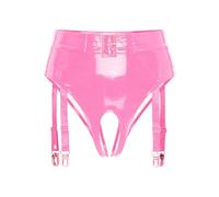 Freebily Femme Bas Porte-Jarretelle G-String Culotte Dentelle Simili Cuir Brillant Jarretière Ajustable Bas Lingerie sous Vetement Rose A 3XL