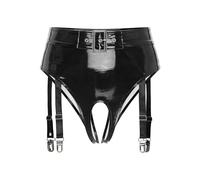 Freebily Femme Bas Porte-Jarretelle G-String Culotte Dentelle Simili Cuir Brillant Jarretière Ajustable Bas Lingerie sous Vetement Noir A M