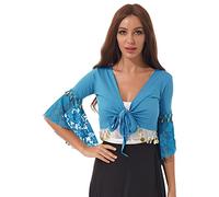 Freebily Femme Boléro Danse du Ventre Spectacle Cardigan Haut Danse Orientale Lacets Manches Evasées Blouse Costume Danse Tenue Dancewear Bleu Ciel XXL