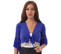 Freebily Femme Boléro Danse du Ventre Spectacle Cardigan Haut Danse Orientale Lacets Manches Evasées Blouse Costume Danse Tenue Dancewear Bleu Royal 3XL