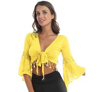 Freebily Femme Boléro Danse du Ventre Spectacle Cardigan Haut Danse Orientale Lacets Manches Evasées Blouse Costume Danse Tenue Dancewear Jaune XL