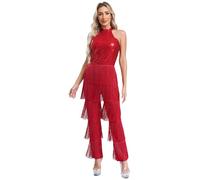 Freebily Femme Combinaison Disco Année 80 70 Paillettes Franges Adulte Justaucorps Danse Latin Jazz Cha Cha Spectacles Bordeaux XL