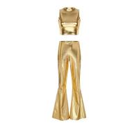 Freebily Femme Ensemble Pantalon évasé Avec Haute Courte Brillante Métallique Simili Cuir Tenue De Danse Jazz Disco Cosplay Party Performance Sur Scène S-XXL Or M